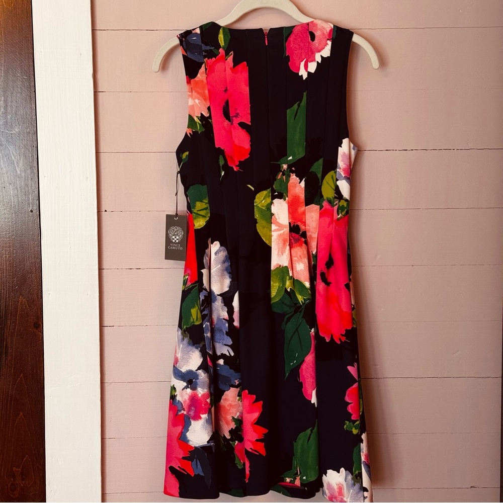NWT Vince Camuto Pleated Sleeveless Floral Dress Blue & Pink Roses, Pockets, 4 - Picture 2 of 7